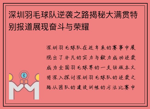 深圳羽毛球队逆袭之路揭秘大满贯特别报道展现奋斗与荣耀